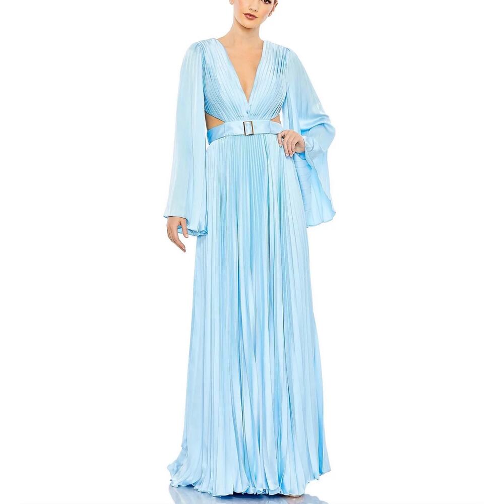 Mac Duggal 26732 Backless Pleated Satin Long Sleeve Gown Ice Blue Size 8 Dress